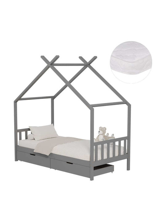 Kinderbett Einzel mit Matratze und Stauraum Grau 90x190cm