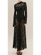 Maxi Evening Dress with Lace and Mesh Nero