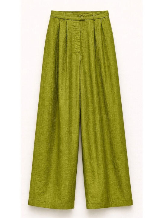 Women's High-waisted Fabric Trousers Relaxed Fit Green