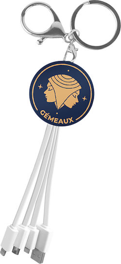 Yello Koko Cable Usb 3 In 1 Micro-usb Usb-c Lightning Design Astrology Gemini Keyring White