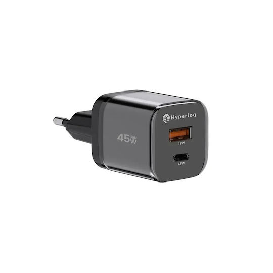 Hyperloq Charger Without Cable GaN with USB-A Port and USB-C Port 45W Blacks (NeoCharger)