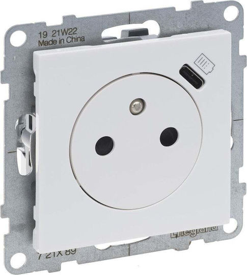 Legrand Suno Flat Socket 2p+e 16 A Μονή Χωνευτή Πρίζα Ρεύματος Αυτόματων Ακροδεκτών με 1 Θύρα USB Λευκή