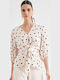 Women's Crop Top Satin with 3/4 Sleeve & V Neckline Polka Dot Ecru