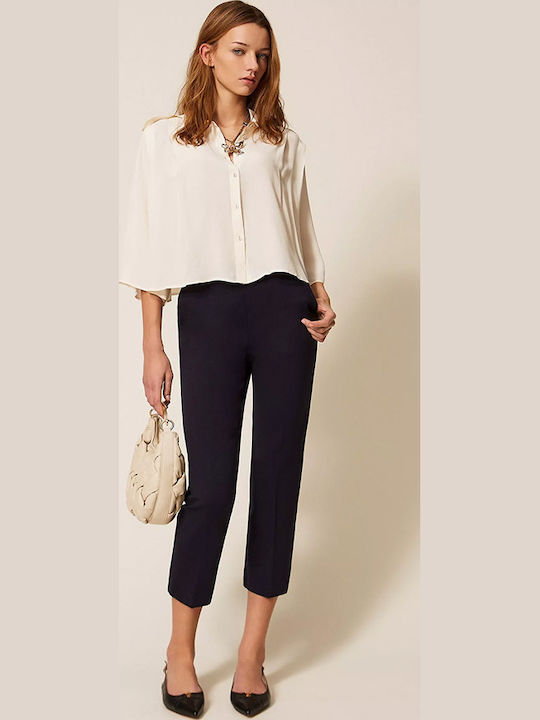 Women's Fabric Capri Trousers Slim Fit Dark Blue