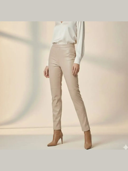 Women's High-waisted Fabric Trousers Loose Fit Beige