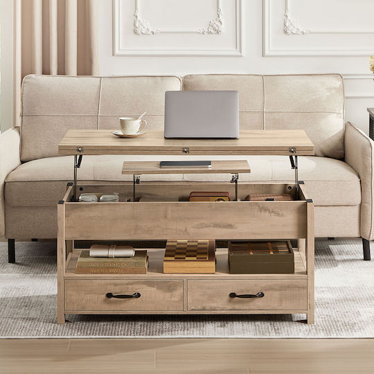 Rectangular Central Wooden Coffee Table with Lifting Mechanism and Drawers Beige M100xW50xH49.1cm