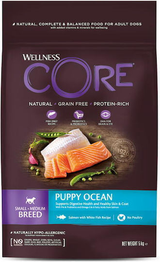 Wellness 1.5kg Dry Dog Food For Puppies Of Small And Medium Breeds With Salmon Meat Poultry Fish Beef Potatoes And Apple