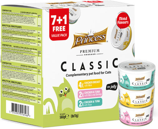 Princess Premium Classic Wet Food for Adult Cats in Cans with Chicken, Tuna, Poultry, Fish, Shrimps and Rice 8x70gr