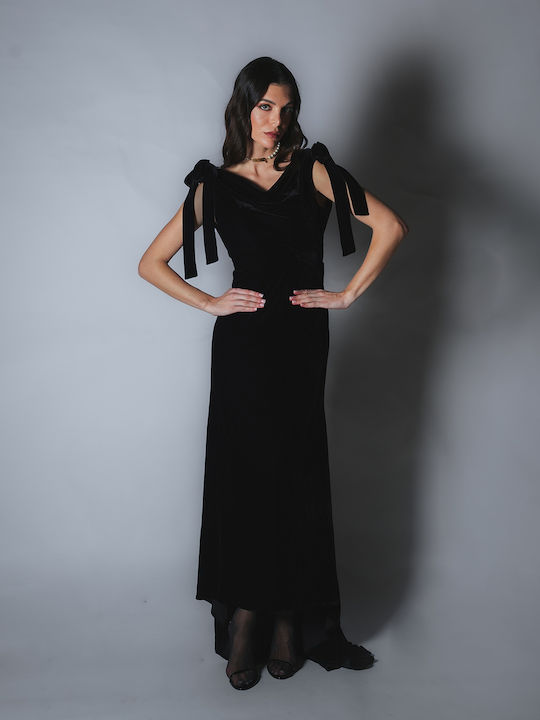 Maxi Evening Dress Velvet Draped with Ruffle Black