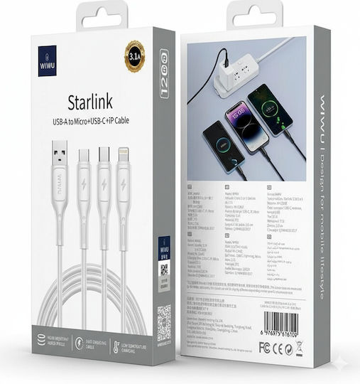 Wiwu Data Редовна USB към Lightning / Type-C / micro USB Кабел 3.1Спецификация Бял 1.2м