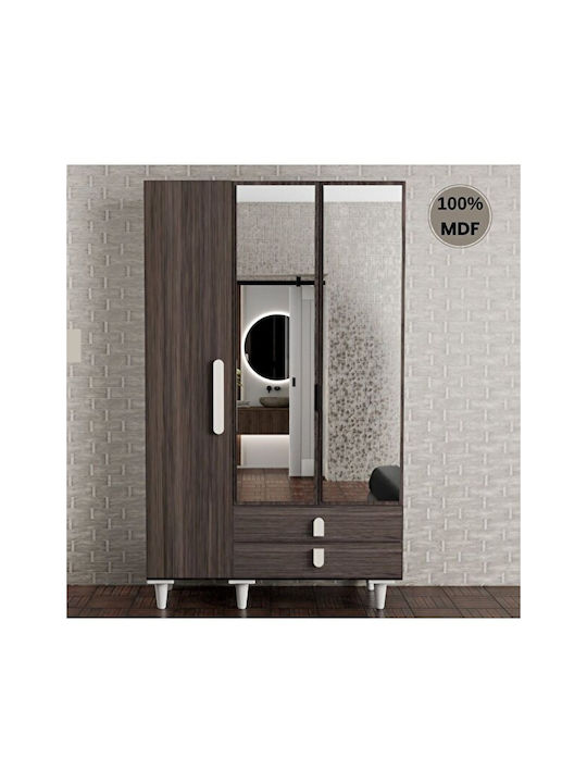 Modern Triple Door Wardrobe MDF Mirrors & Drawers Brown 120×54×208cm
