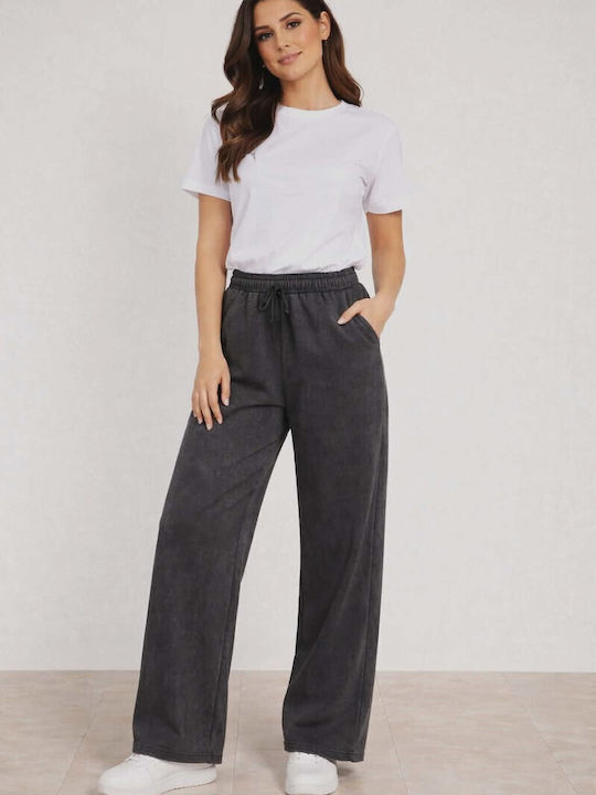 Women's Fabric Trousers with Elastic in Loose Fit Grey-anthracite