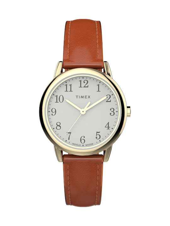 Timex Γυναικείο Ρολόι 30mm Μπαταρίας με Καφέ Δερμάτινο Λουράκι