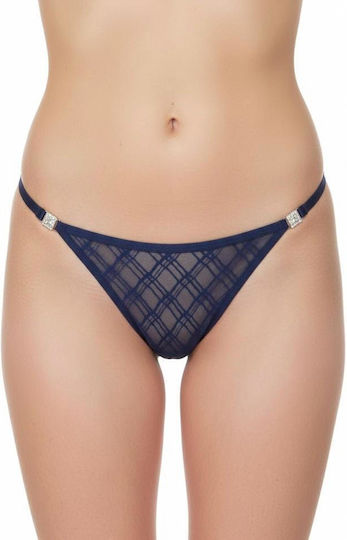 Γυναικείο Slip String Διαφάνεια & Strass Στα Πλαϊνά – Μπλε