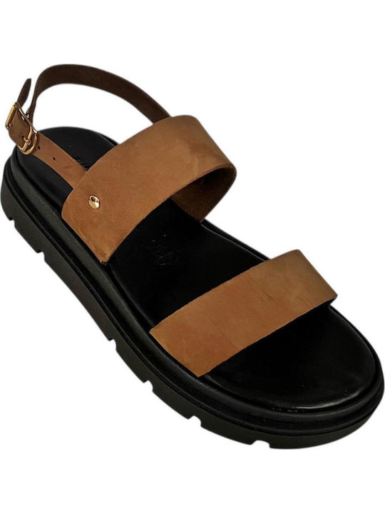 Leather Women's Flat Sandals Flatforms in Tabac Brown Color