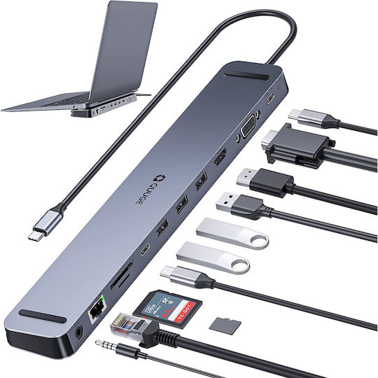 USB C Hub Док / USB-C Докинг станция с HDMI 4K PD Ethernet и свързване 2 монитора Сребрист