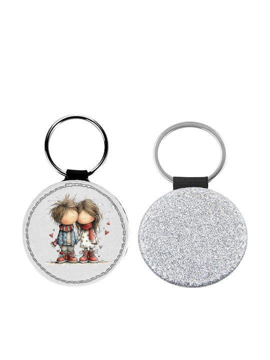 Δερμάτινο Μπρελόκ Στρογγυλό Αγίου Βαλεντίνου Ζευγάρια Glitter Ασημί