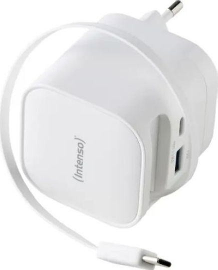 Intenso Φορτιστής GaN με Θύρα USB-A και Θύρα USB-C και Καλώδιο USB-C 65W Λευκός (7806522)