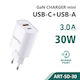 SiiPro Charger Without Cable GaN with USB-A Port and USB-C Port 30W Power Delivery / Quick Charge 3.0 Whites (SD-30)