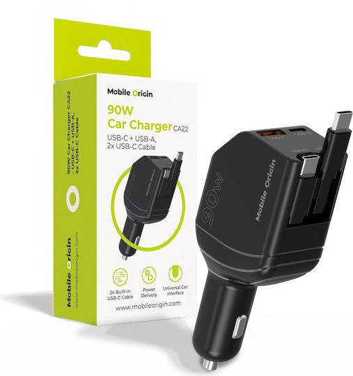 Mobile Origin 90w Car Charger Ca22 Usb-c + Usb-a 2x Usb-c Cable Mo-90cch-ca22