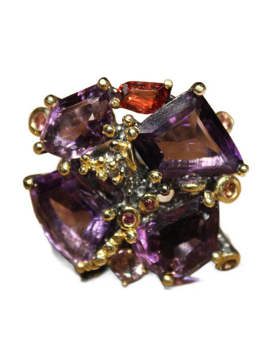 Artistic Silver Ring Natural Amethysts Spinels Garnet Size 22.5