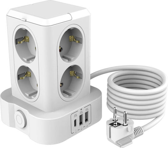 Захранваща лента Безопасност 8 Позиции с USB-A и Кабел 2м