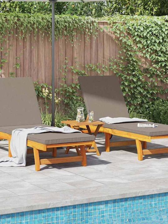 Deckchair Wooden with Cushion & Wheels Brown with Table 3pcs 63x199x85cm.