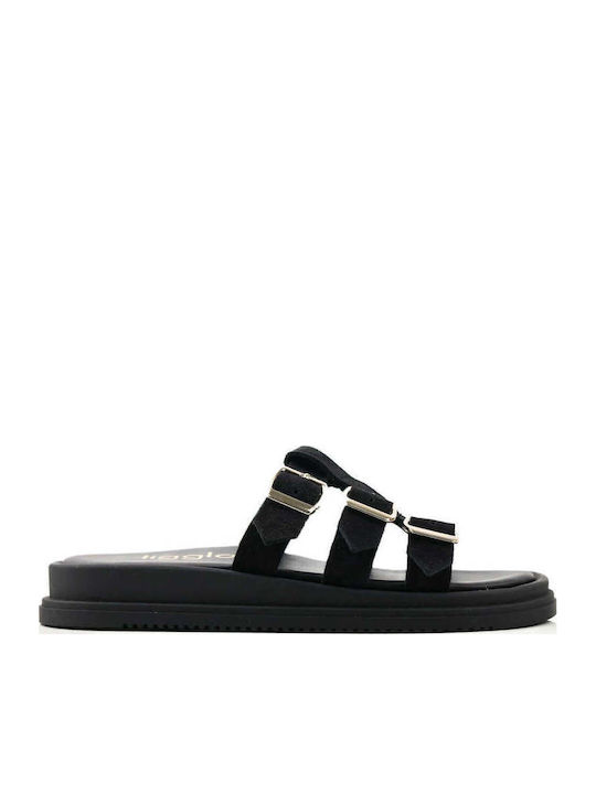 Flatforme De Catifea Negre Cu Trei Curele Reglabile