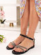 Schwarze Leder Flache Sandalen mit Strass und Knöchelriemen