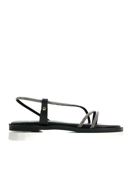 Black Leather Sandals With Rhinestones Without ...