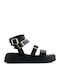 Black Leather Flatforms With Triple Adjustable Straps