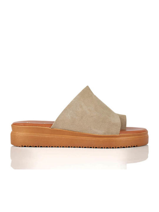 Μπεζ Δερμάτινες Flatform Παντόφλες Καστόρινη Υφή
