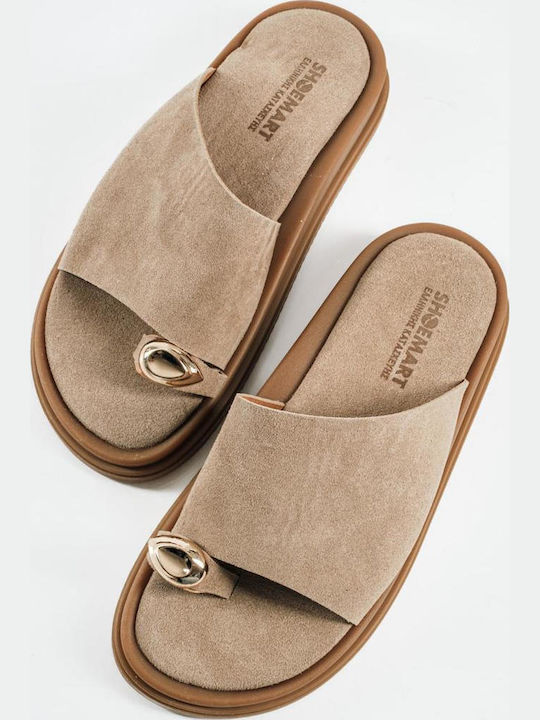 The Shoemart Leather Women's Flat Sandals Flatforms in Beige Color
