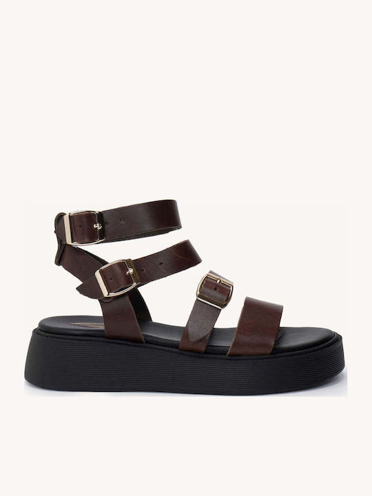Brown Leather Flatforms Triple Adjustable Straps