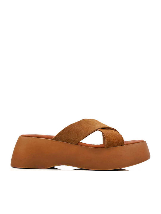 Tabac Brown Leather Flatform Sandals Crossover Straps