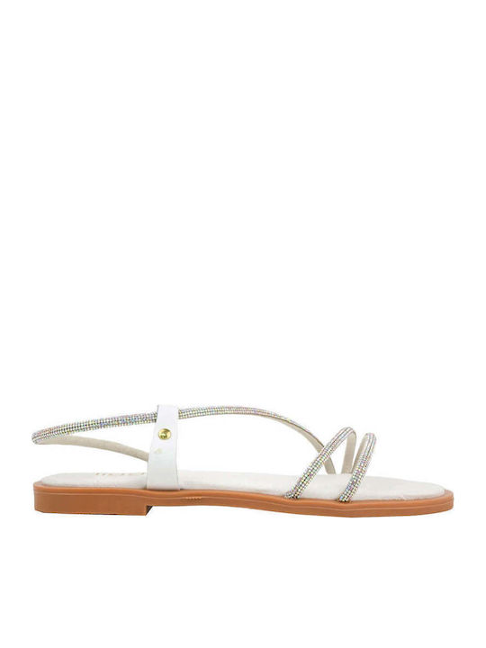 White Leather Sandals With Rhinestones Without ...