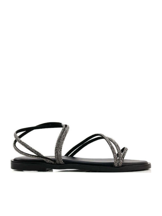 Black Sandals Rhinestone Thin Diagonal Straps