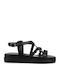 Black Leather Flatforms Woven Front Strap