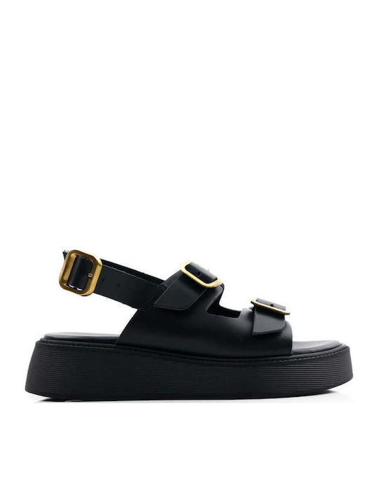 Черни Кожени Flatforms С Двойни Регулируеми Каишки