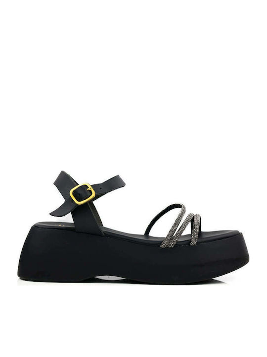 Black Flatforms Rhinestone Straps Elevated Sole