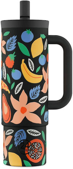 24Bottles Ποτήρι Θερμός Ανοξείδωτο 800ml Tropical Noir με Καλαμάκι