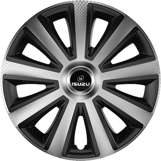 Car Wheel Hubcaps Versaco Aviator Carbon Chrome & Black 14" 3d Metal Logo Isuzu 4 Pieces