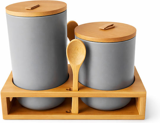 Set 2 Pieces Coffee / Sugar Jars with Lid & Stand Made of Porcelain Brown
