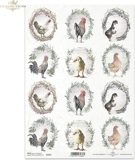 Decoupage Rice Paper Chickens Roosters Chicks Agricultural Style A4