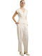 Women's Ecru Set with High Rise Striped Straight Leg Trousers