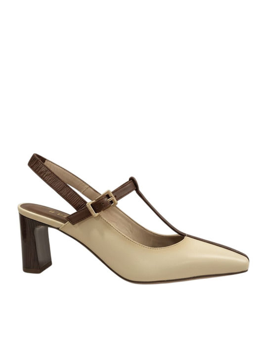 Leather Heels with Chunky Mid Heel Brown