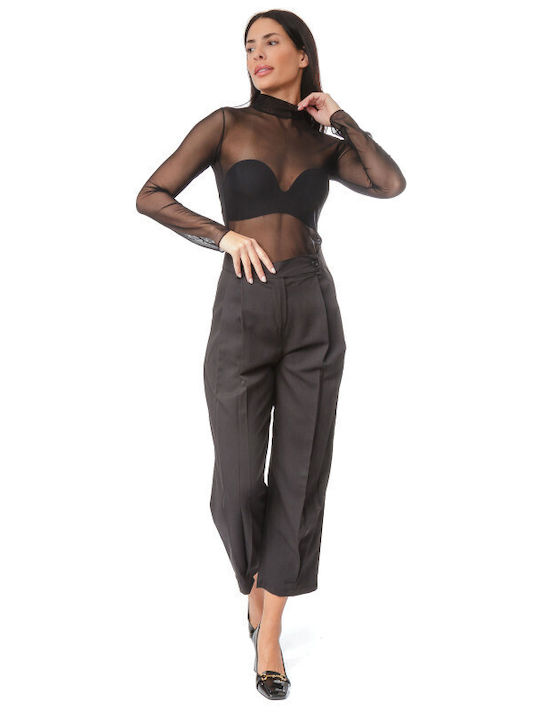 Schwarzes Langärmeliges Damen-Bodysuit mit Transparenz