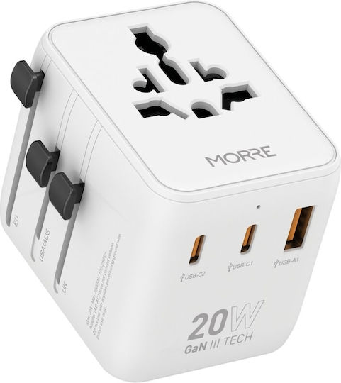 Προσαρμογέας Ταξιδιού 20w 2xusb-c 1xusb-a Morre Αντάπτορας Πρίζας από Universal σε Universal με 3 Θύρες USB