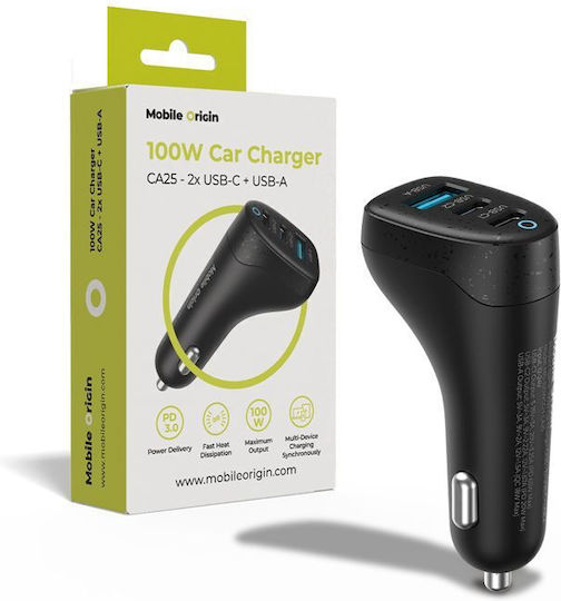 Mobile Origin Φορτιστής Αυτοκινήτου 100W Γρήγορης Φόρτισης με Θύρες: 1xUSB 2xType-C Μαύρο Χρώμα