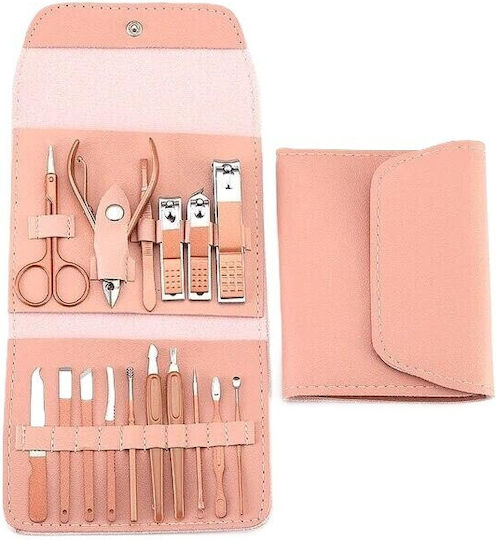 Set Cosmetic De Îngrijire 16 Piese Manichiură Pedichiură Față Include Geantă Organizatoare Din Piele Eco Roz